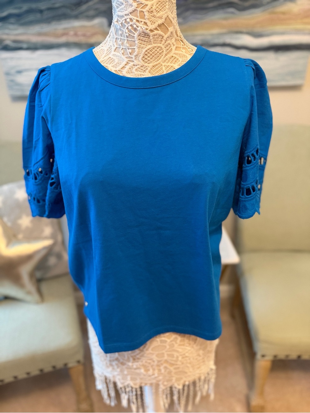 Lilly Pulitzer Blue Women's Short Sleeve Top with Lace Detail